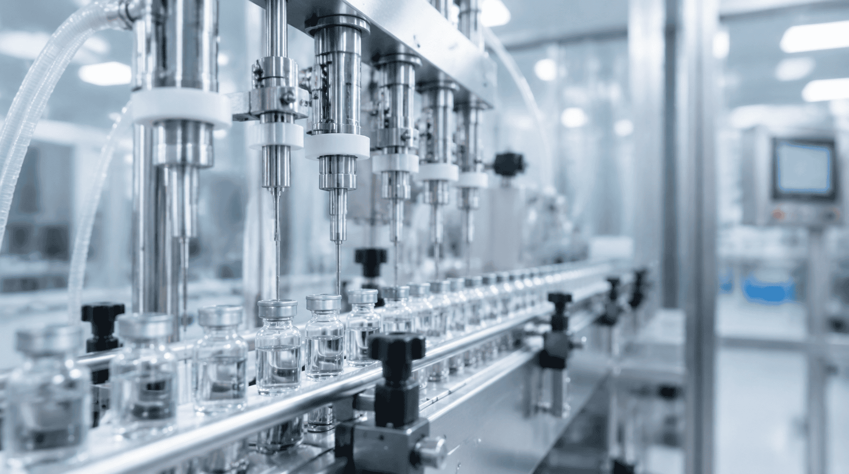 Automated liquid chemical filling line with glass vials