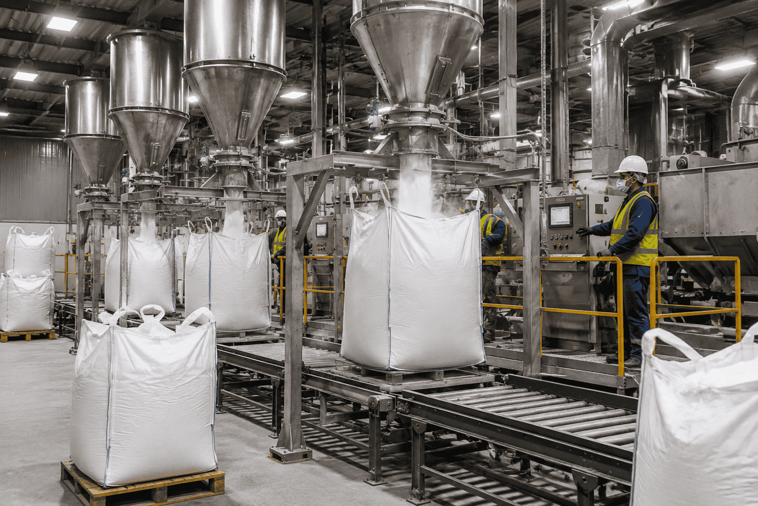 Bulk chemical powder packaging line with industrial FIBC bags