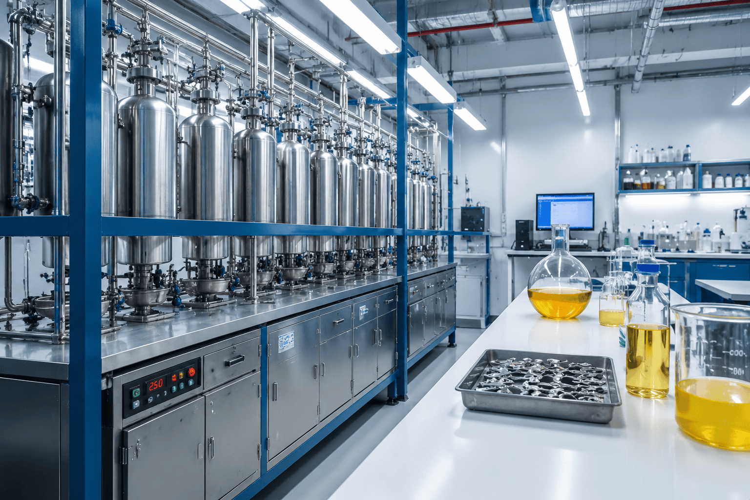 Pilot chemical production laboratory with stainless steel processing vessels