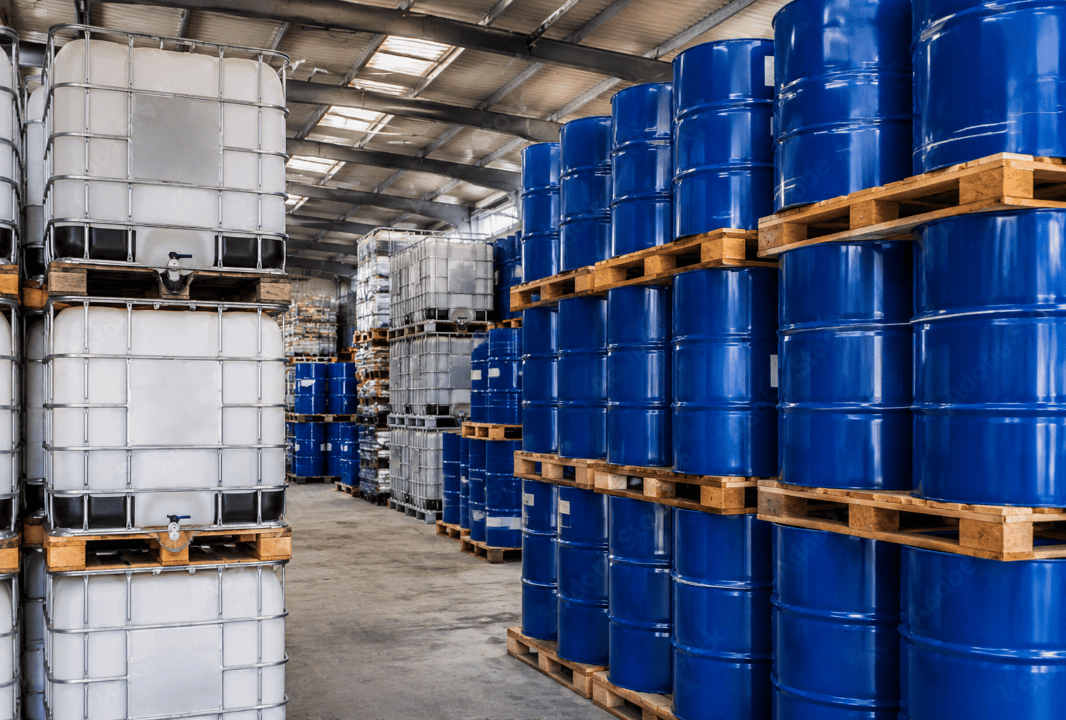 Industrial chemical storage warehouse with drums and IBC tanks