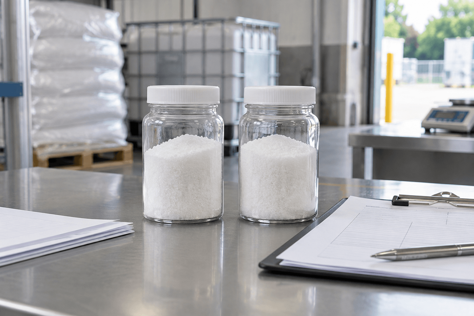 Two unbranded crystalline citric acid sample lots compared beside batch quality documents