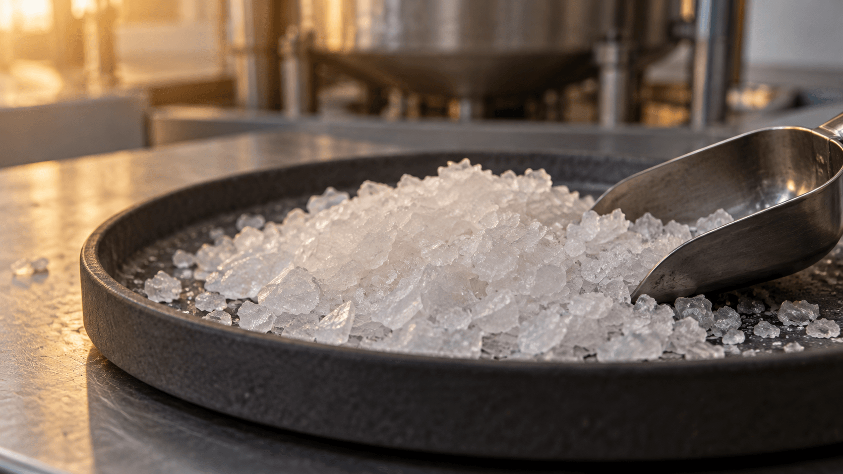 Illustrative crystalline chemical material beside an industrial mixing work area