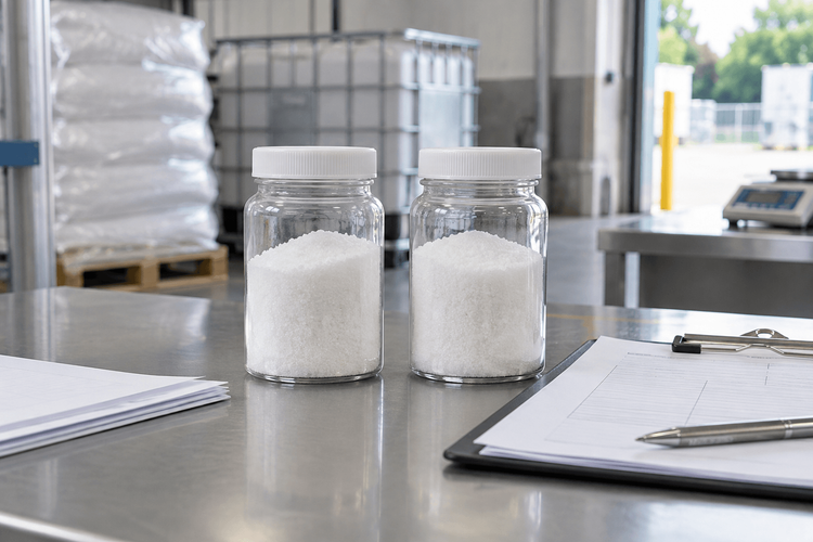 Two unbranded crystalline citric acid sample lots compared beside batch quality documents