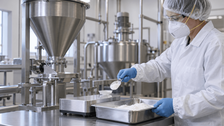 Representative calcium phosphate powder sample evaluation with stainless hopper, bench scale and protected operator