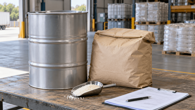 Representative industrial material receiving desk with a plain drum, bag, granule sample and procurement documents