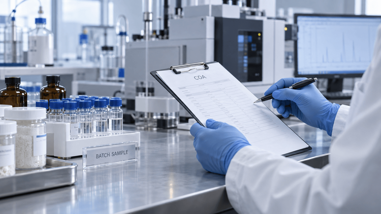 Illustration of chemical batch samples and COA review in a laboratory