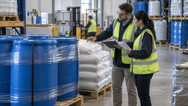 Representative chemical drums and sacks with staff checking packaging documents in a warehouse