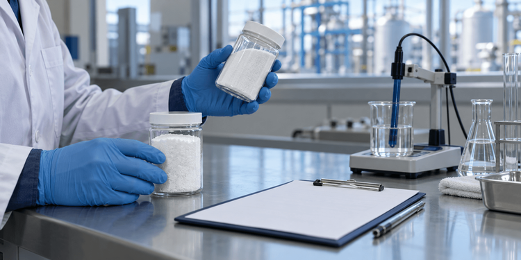 Industrial laboratory inspection of two separate alkali material samples and pH testing